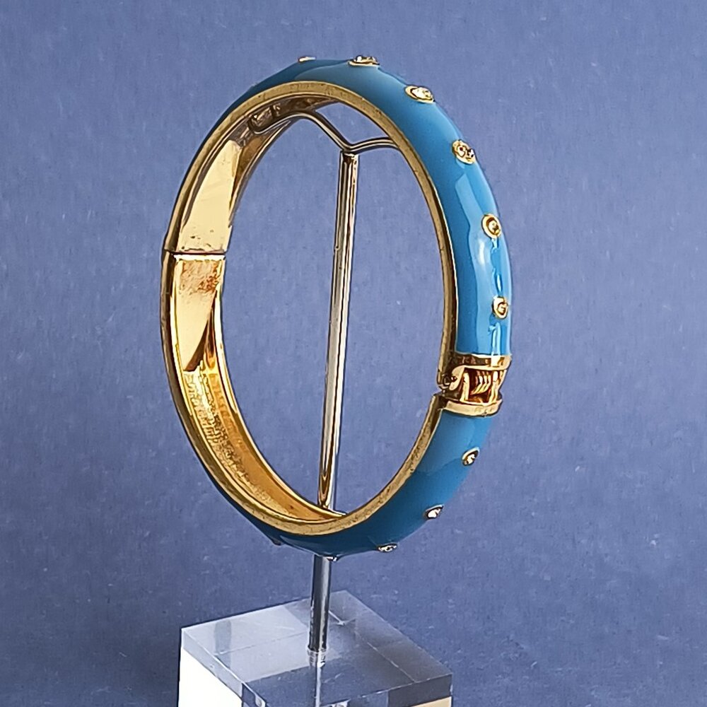 Lagoon Blue Rhinestone  Enamel Hinge Bangle Clamper Bracelet Gold Tone